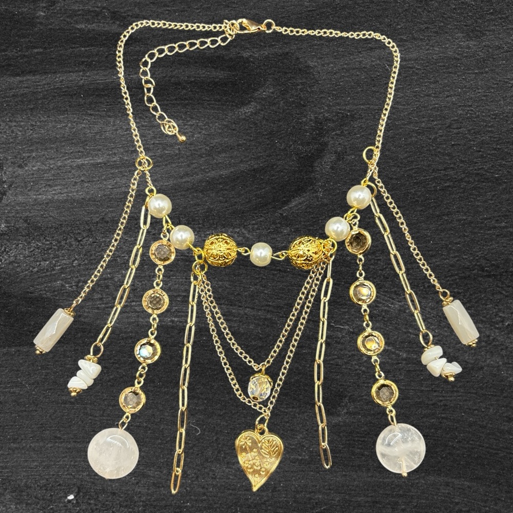 Handmade Gold Tone Fairly Core Faux Pearl Drop Chains Choker Necklace